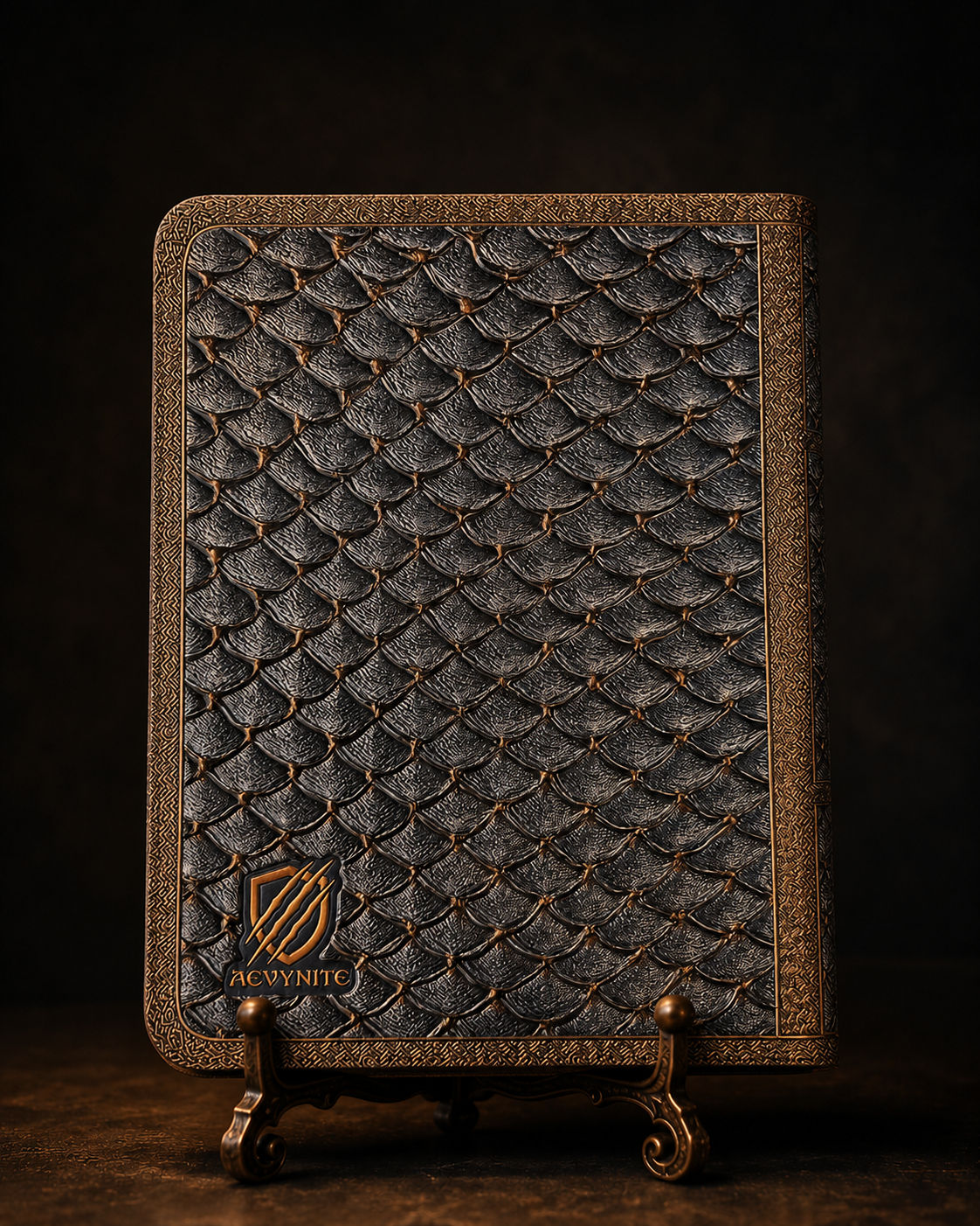 Decorative book with dragon scale pattern on a dark background