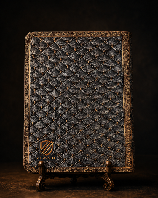 Decorative book with dragon scale pattern on a dark background