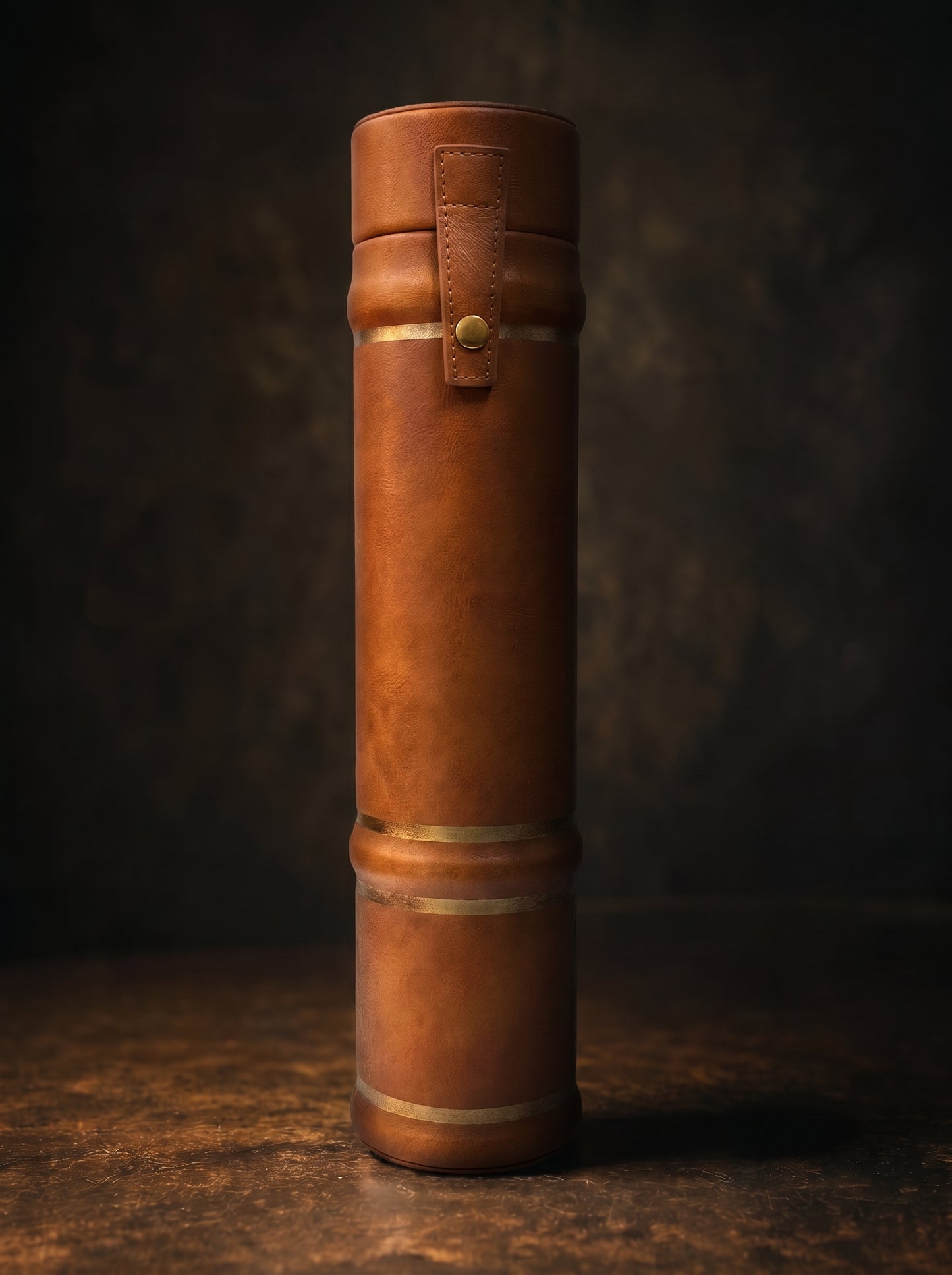 Brown leather cylindrical playmat case with antique gold accents on a dark background
