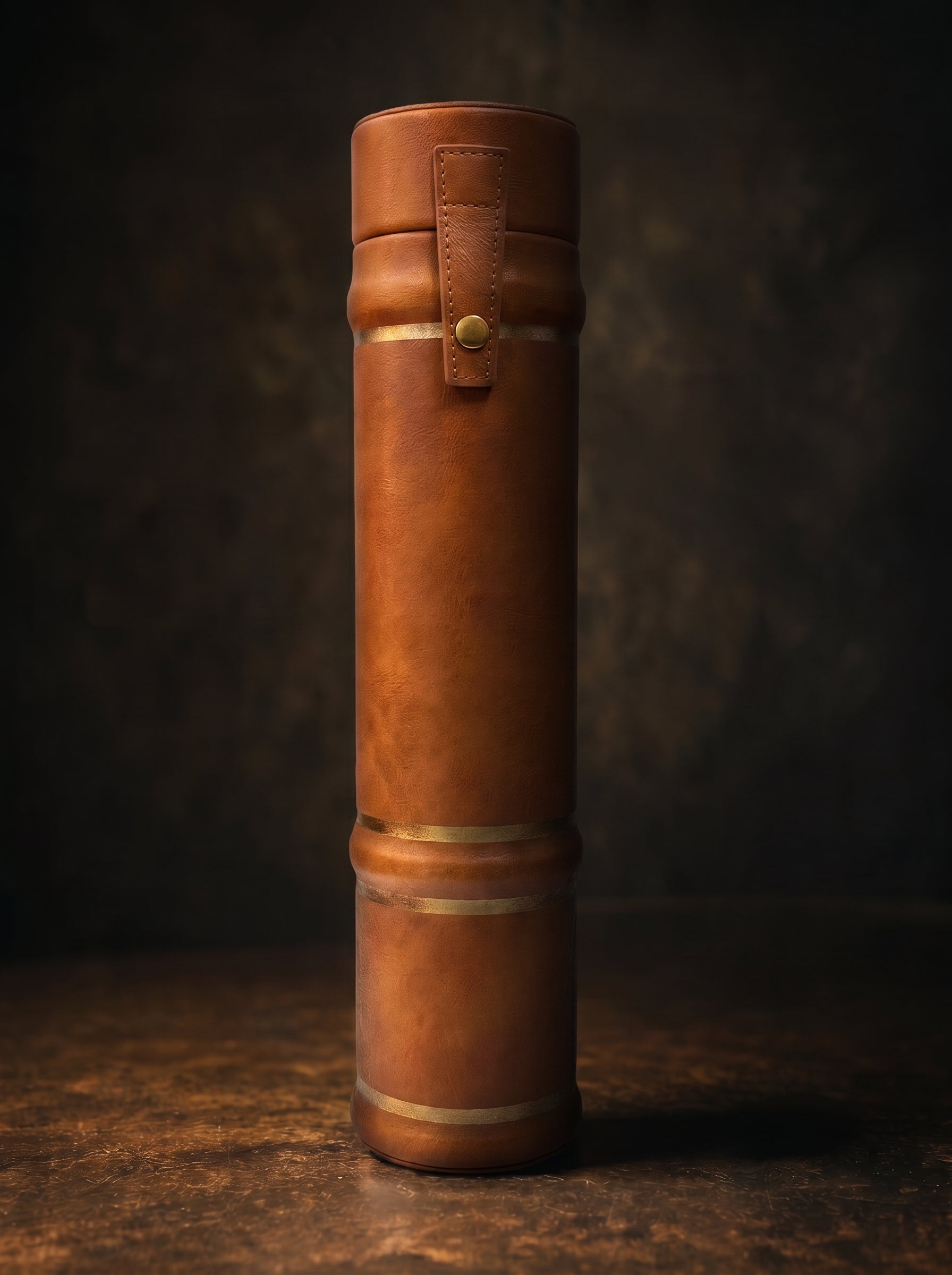 Brown leather cylindrical playmat case with antique gold accents on a dark background