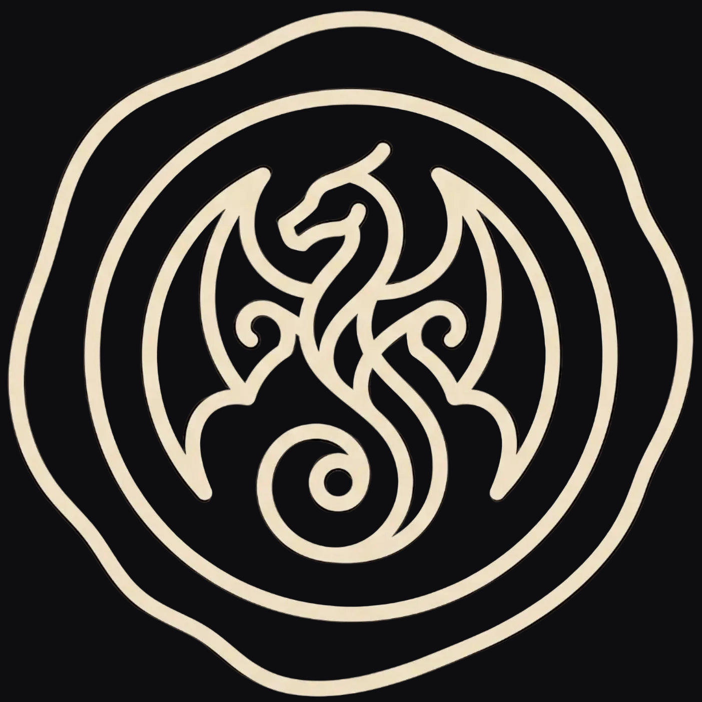Decorative beige logo of a dragon in a circular design on a black background