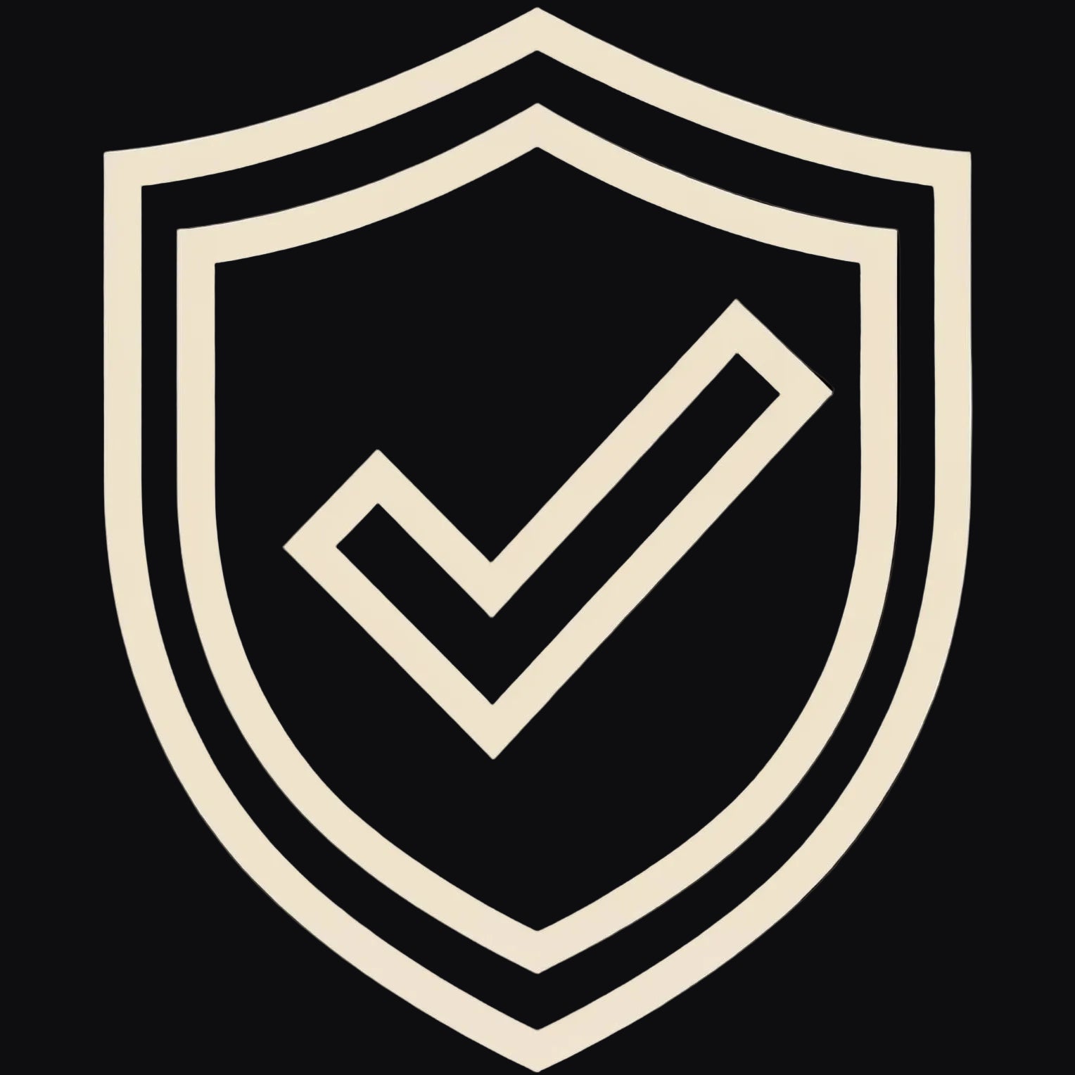 Beige shield icon with a checkmark on a dark background
