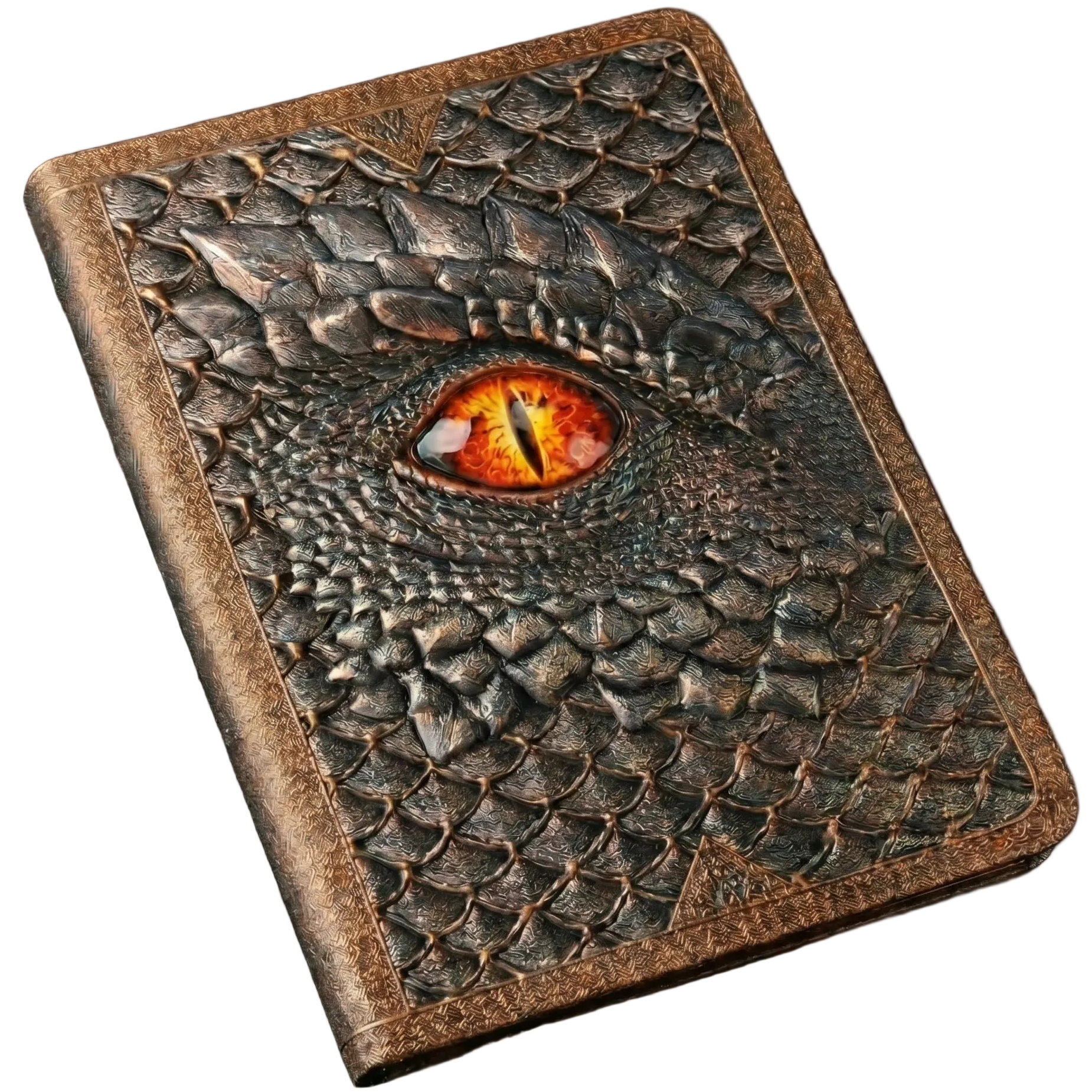 Book with dragon eye design on a transparent background