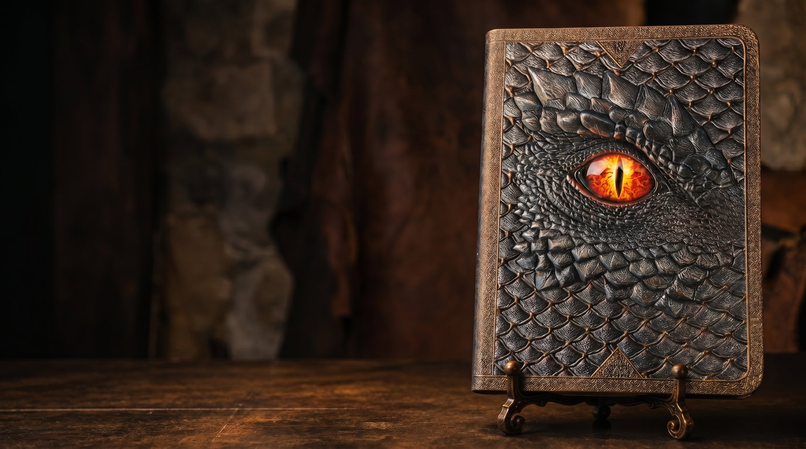 Decorative book with dragon eye design on a stand against a dark background
