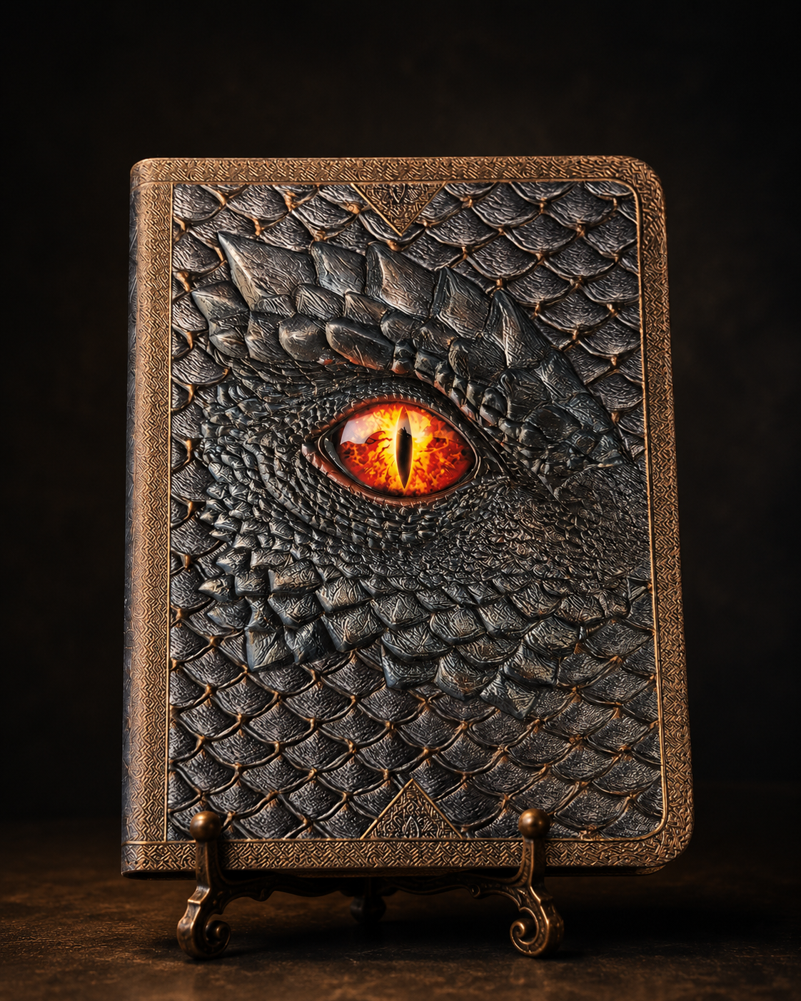 Decorative book with dragon eye design on a dark background