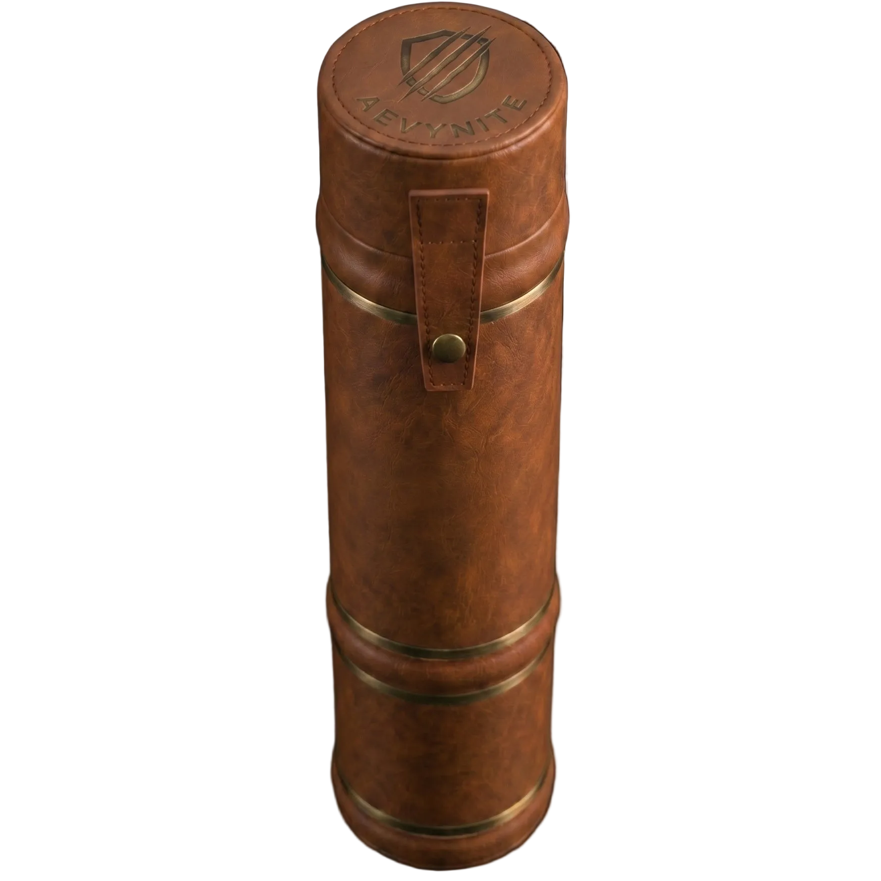 Brown leather cylindrical container with a handle on a transparent background